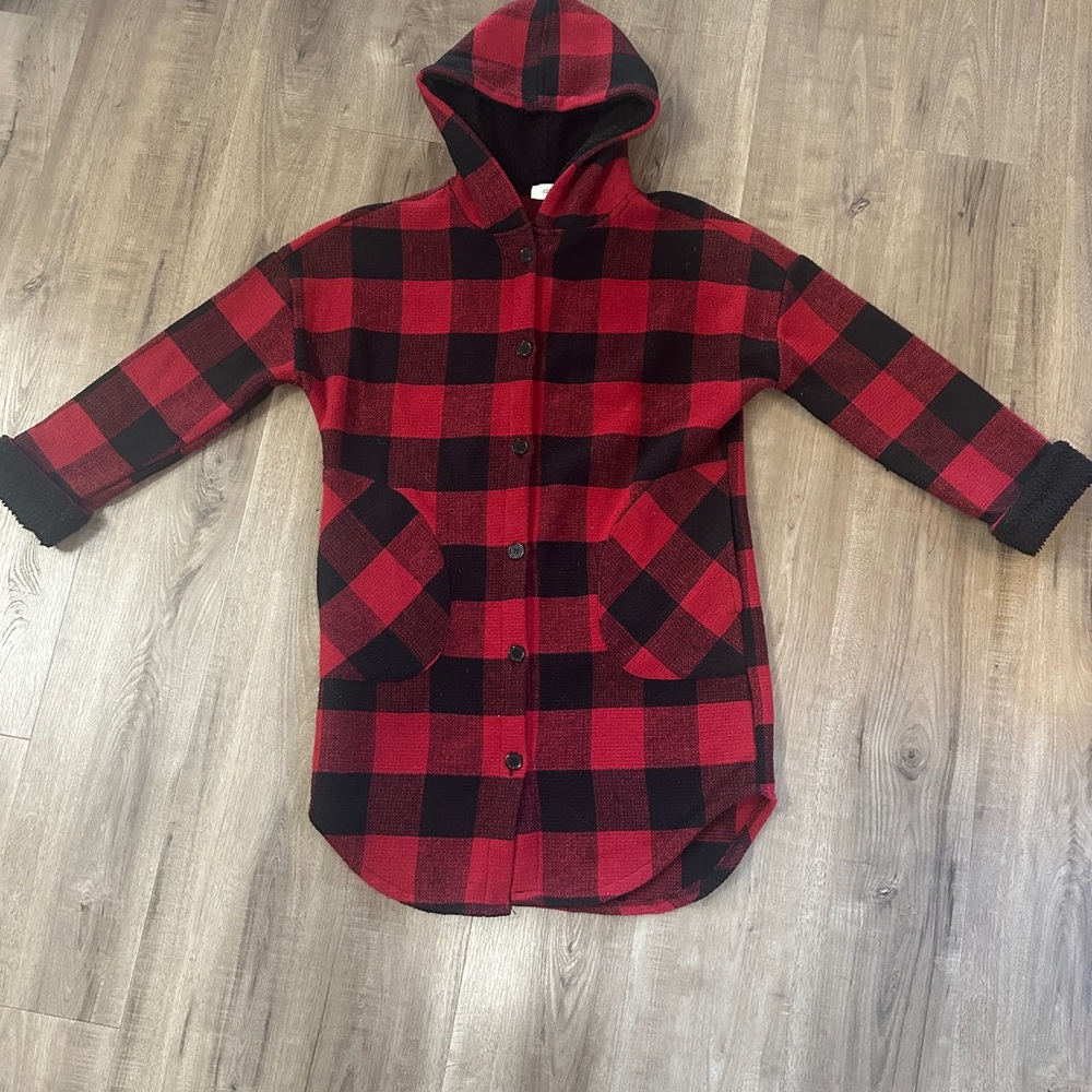 Plaid Hooded Shacket in Red and Black